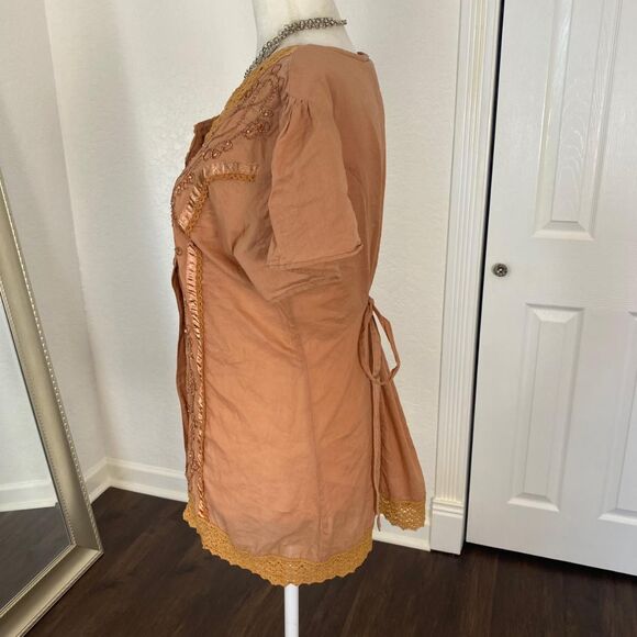 Orange Tan Vintage Boho Embroidered Babydoll Blouse Top M - Picture 5 of 8
